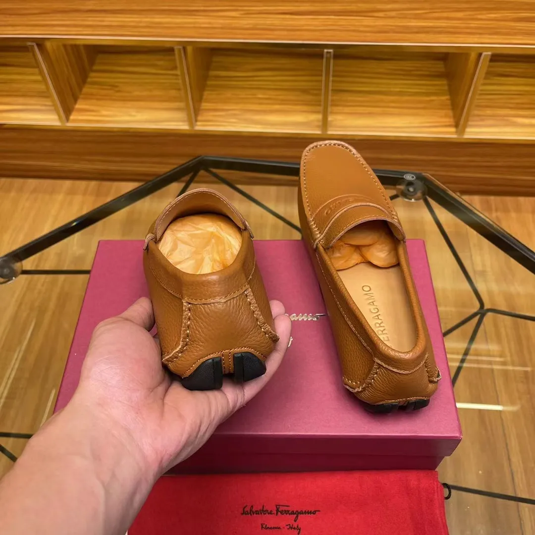 Men's shoes 💰560Ferragamo high-end quality 🔥 light brown pebbled grain ➕ cowhide lining size 38-45
